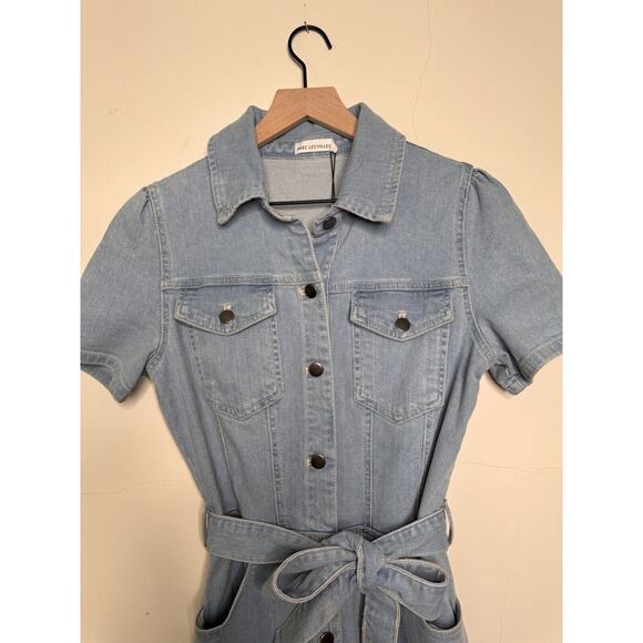 Avec Les Filles Womens Jumpsuit Denim Wide Leg Light Wash Belt Retro 70s Sz 29 - Picture 2 of 15